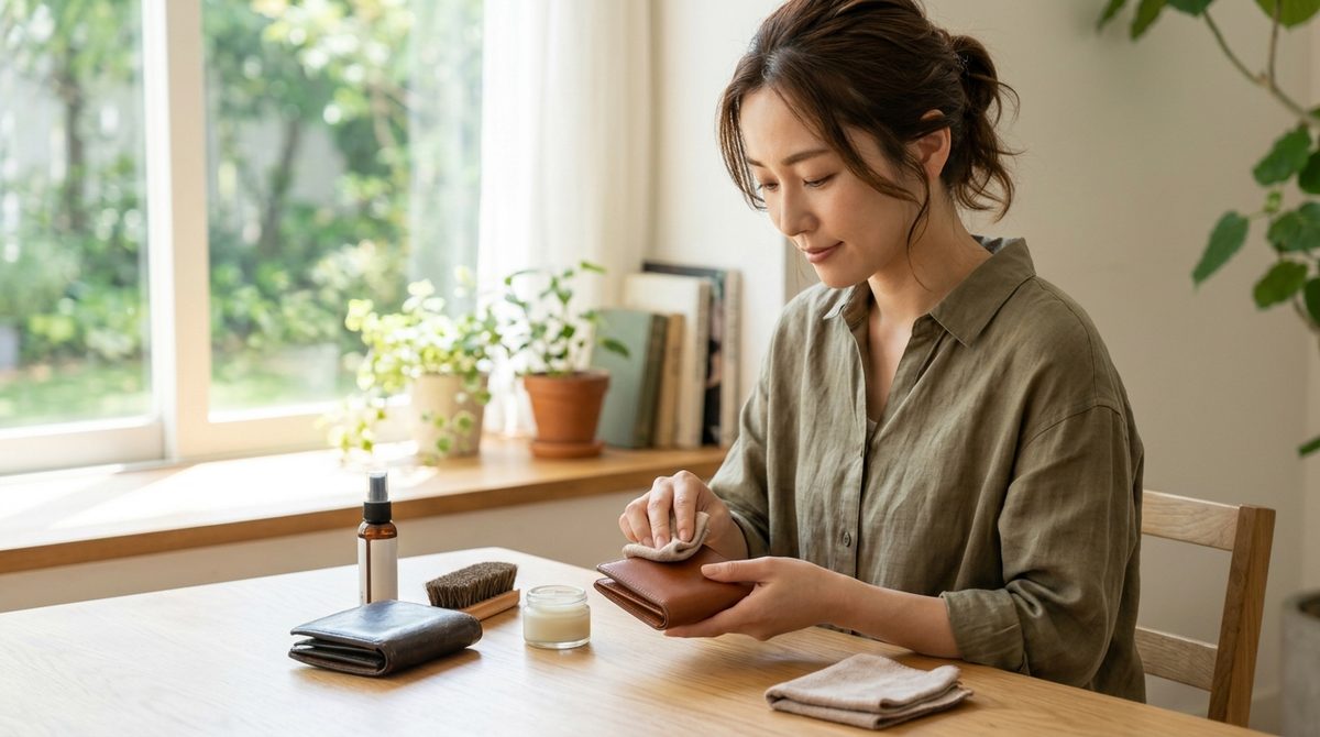 女性が革財布を布で手入れしている明るい自然光の生活シーン。日常ケア、頻度、注意点、初心者向けの手入れ説明に向く。