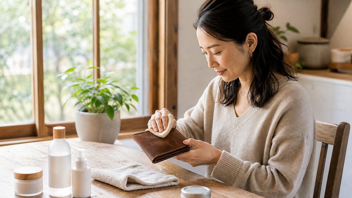 日本人女性が革財布をやさしく手入れしている写真