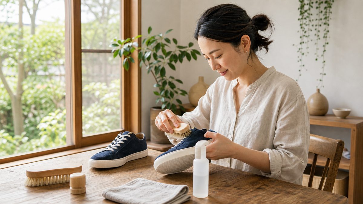 日本人女性がスエードスニーカーを靴用ブラシで手入れしている写真