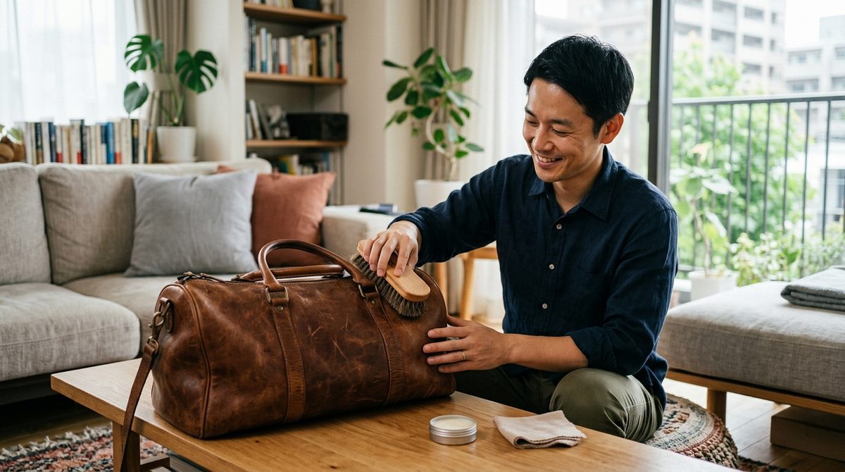 男性が革バッグを手入れしている写真