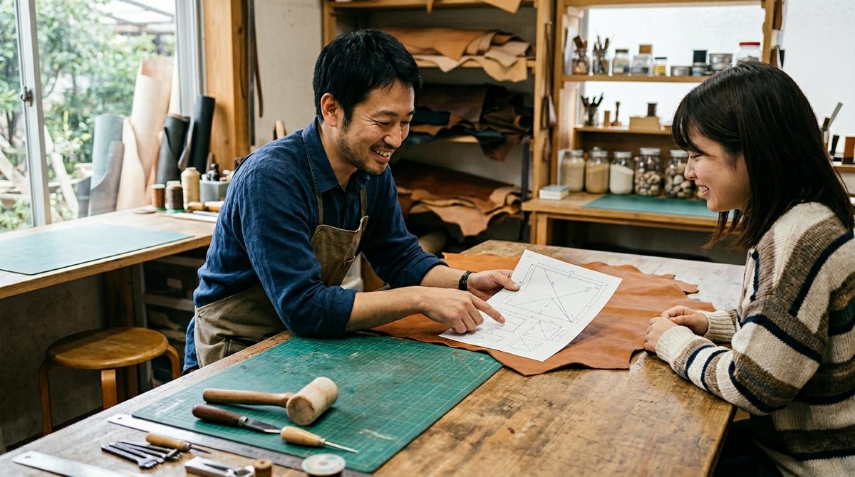 レザークラフトで革小物を作っている写真