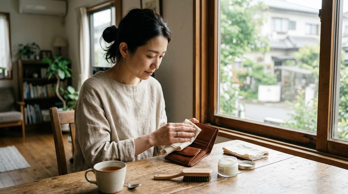 革財布を手入れする前に、乾燥、汚れ、傷みを確認している生活感のある場面。