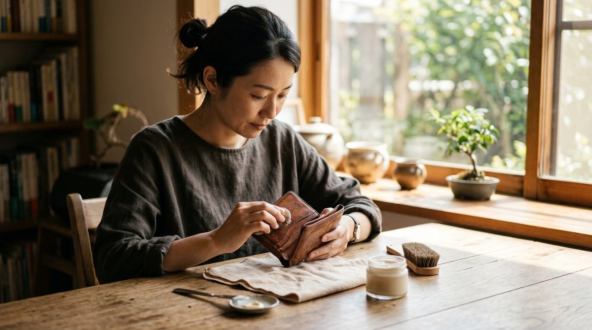 革財布と手入れ道具を木製テーブルに並べた写真