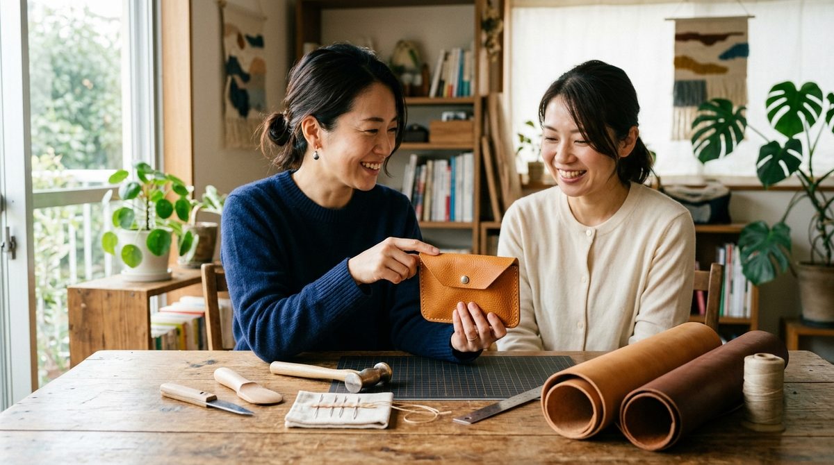 レザークラフトで革小物を作っている写真