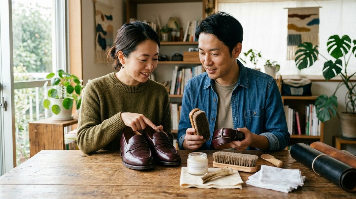 シェルコードバン製品の手入れを相談する様子