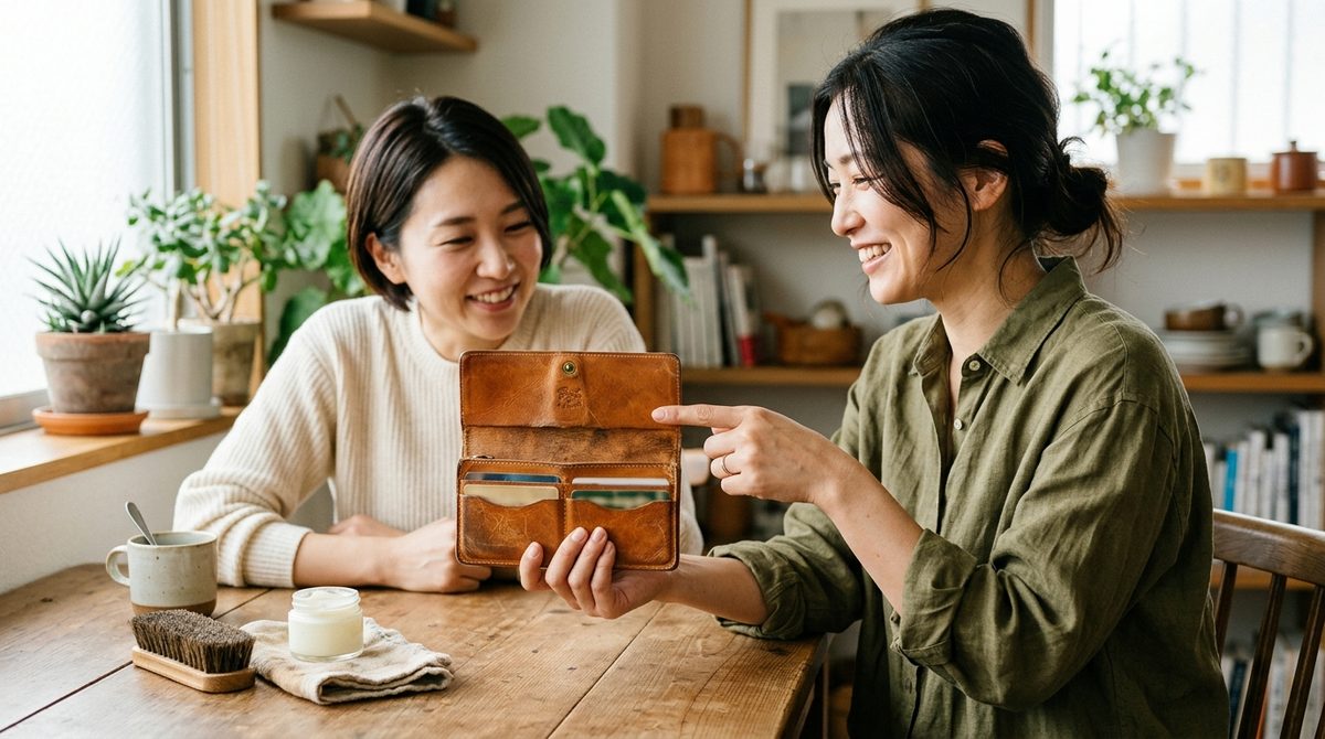 革バッグを手入れしている写真