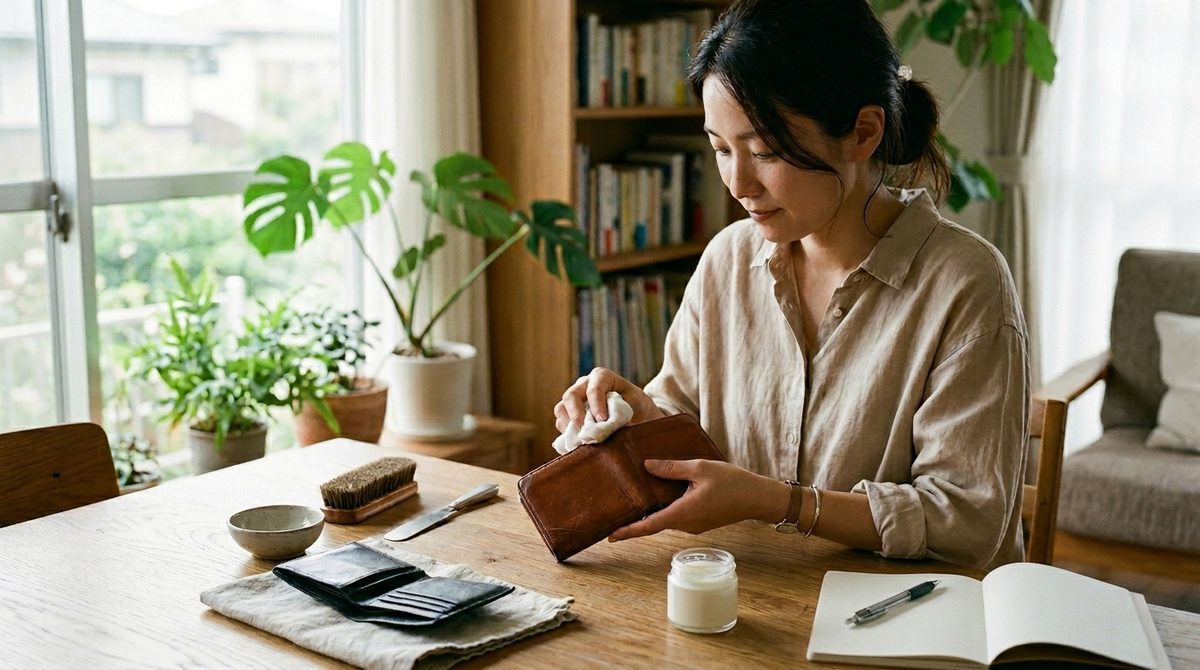 革財布を手入れする女性の写真