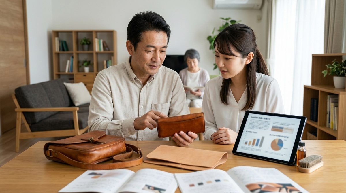 テーブルで男性が女性に革財布を見せタブレットで詳細を説明