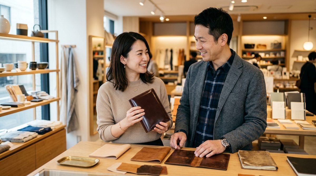 革製品店で革の手帳を持ち、笑顔で談笑する男女
