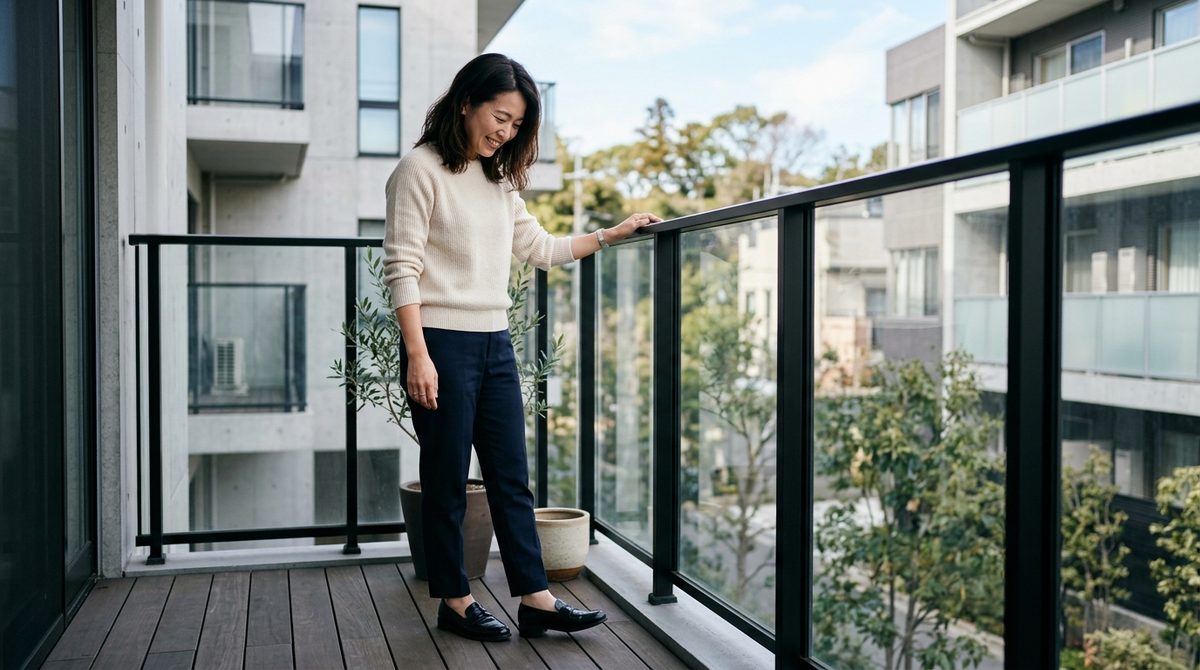ベランダの手すりに寄りかかり外の景色を楽しむ女性