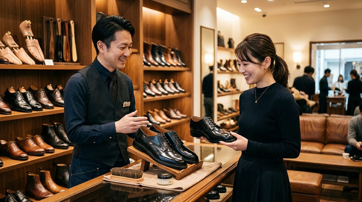 笑顔の店員が女性客に革靴を提案し、客が手に取る