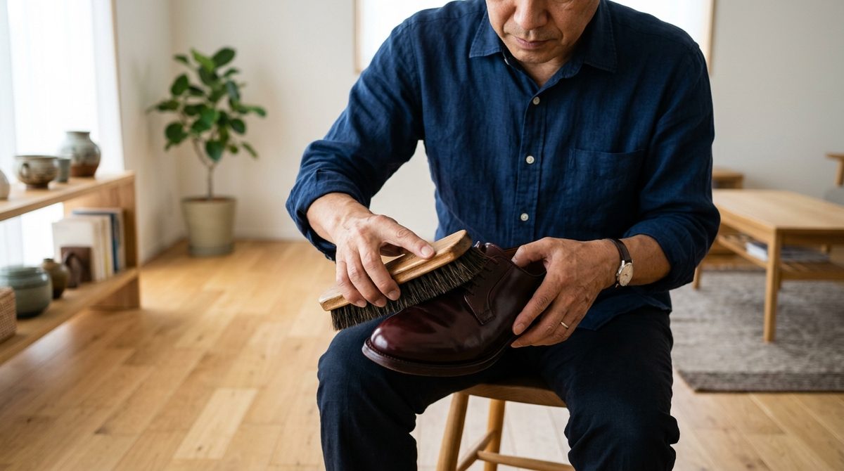 馬毛ブラシで靴のホコリを払うシーン。手入れの第一歩としての重要性を示す。