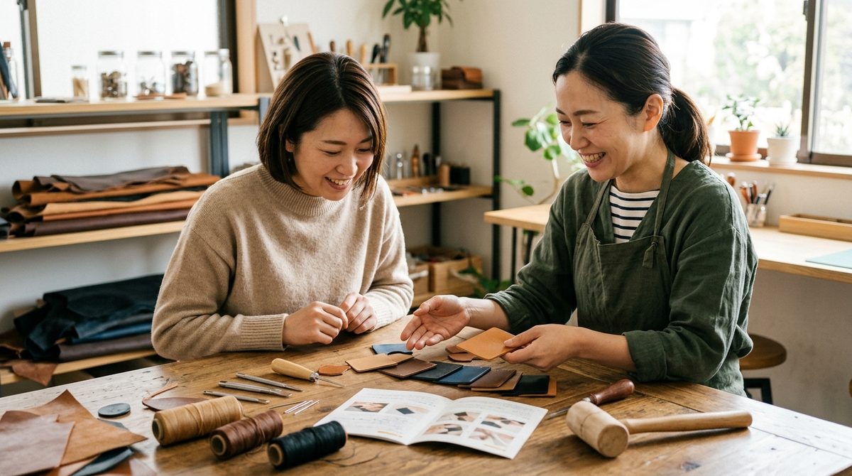 レザークラフトで革小物を作る様子