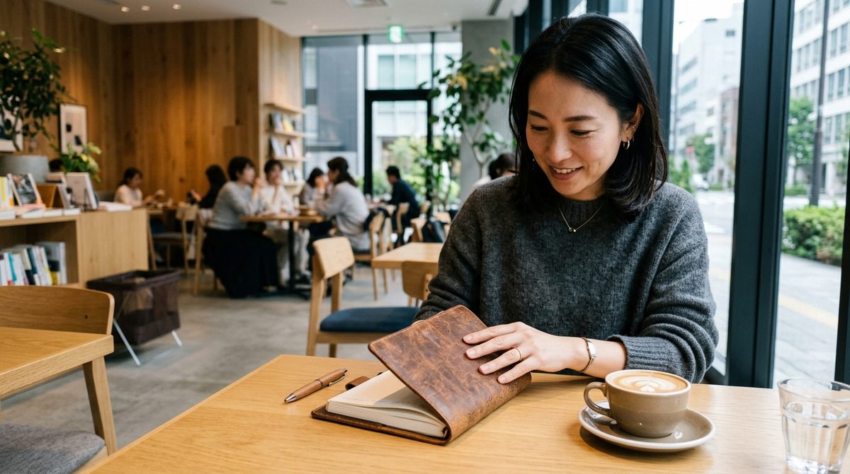 カフェで笑顔の女性が革製の手帳を広げる