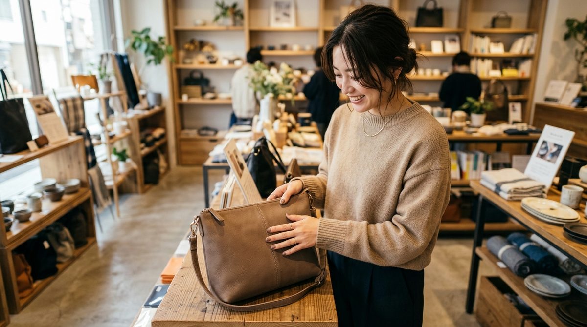 店内で笑顔の女性が茶色のショルダーバッグを手に取る
