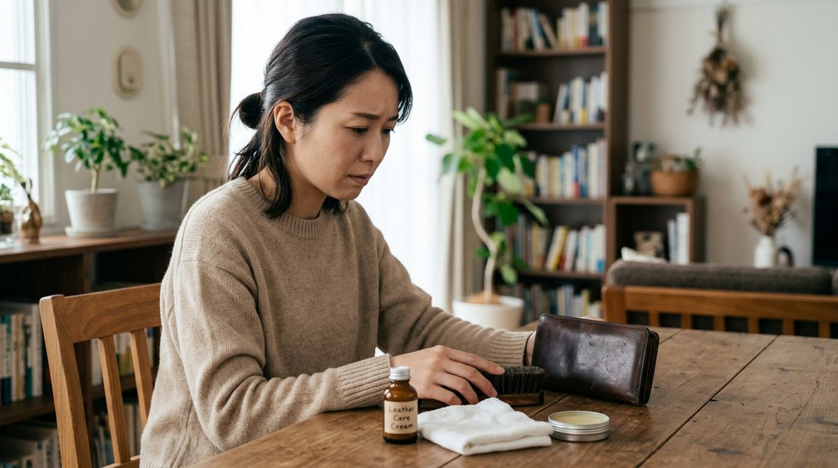 リビングで女性が革の長財布を手入れする