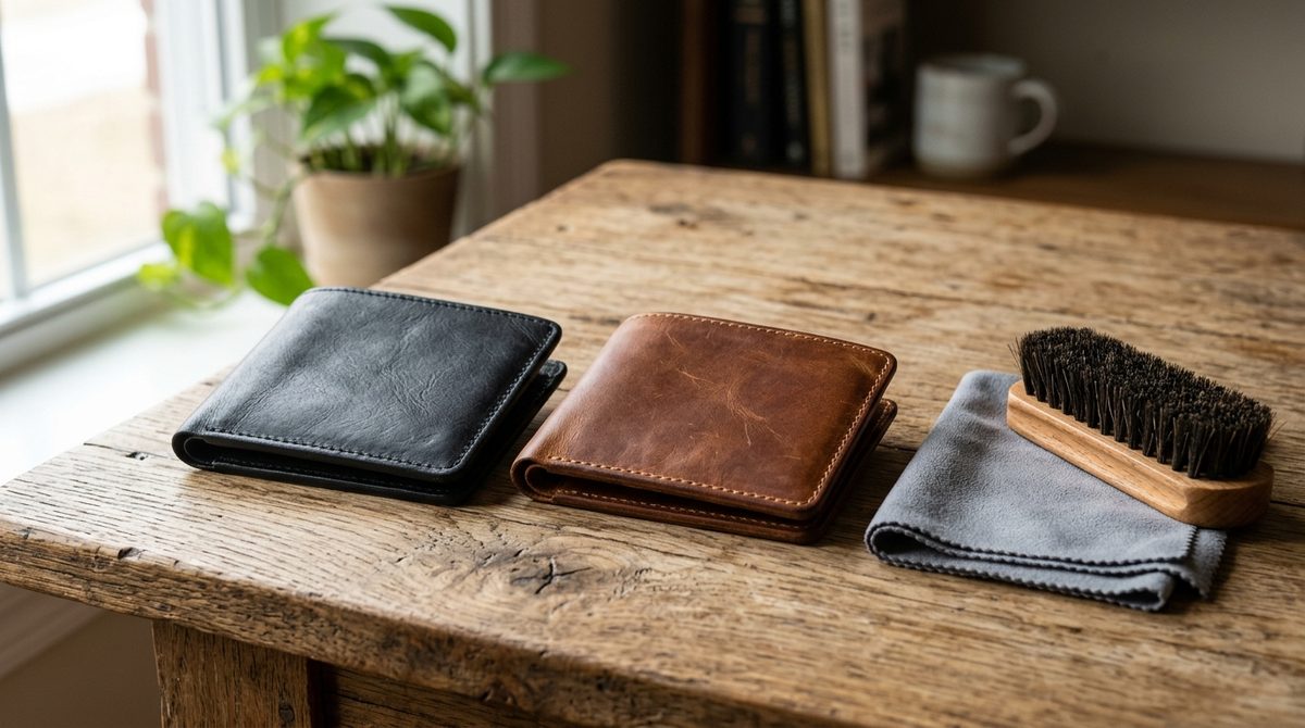 革製品、特に革財布の基本的なお手入れであるブラッシングによる埃除去の重要性と、ケアを始めるきっかけを視覚的に伝える。読者に手入れの第一歩を促し、清潔感を表現することで専門性と安心感を与える。