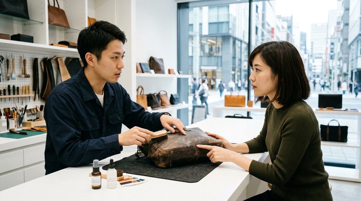 客が職人に革製品の状態を相談している場面。修理やプロの判断が必要な文脈で使う。