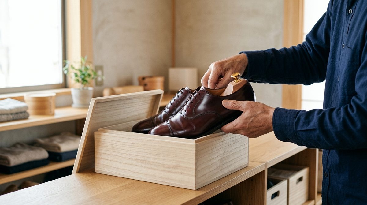 異なる種類の革(ヌメ革、コードバン、スエード等)を並べ、質感や光沢の違いを視覚的に伝える。