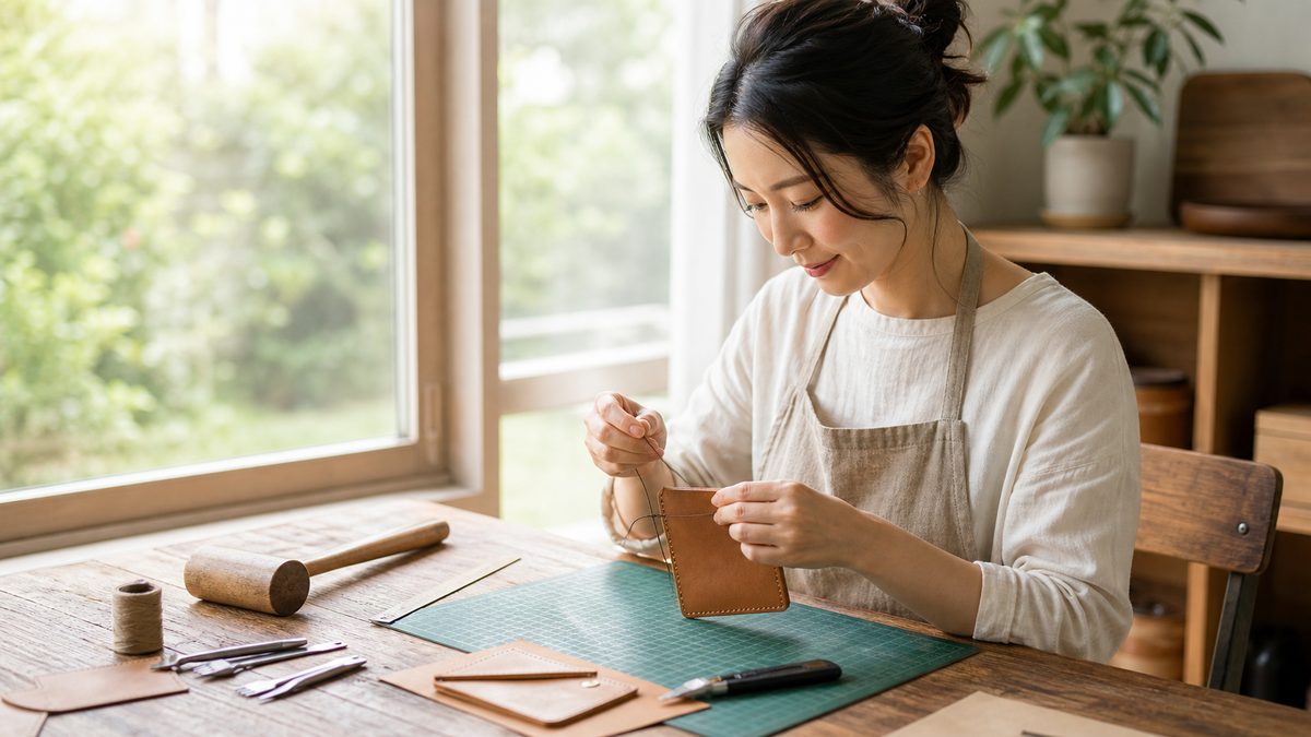 日本人女性がレザークラフトで小さな革小物を手縫いしている写真