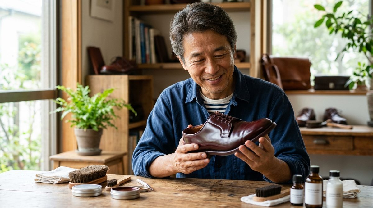笑顔の男性が磨き上げた革靴を手に満足げに眺める