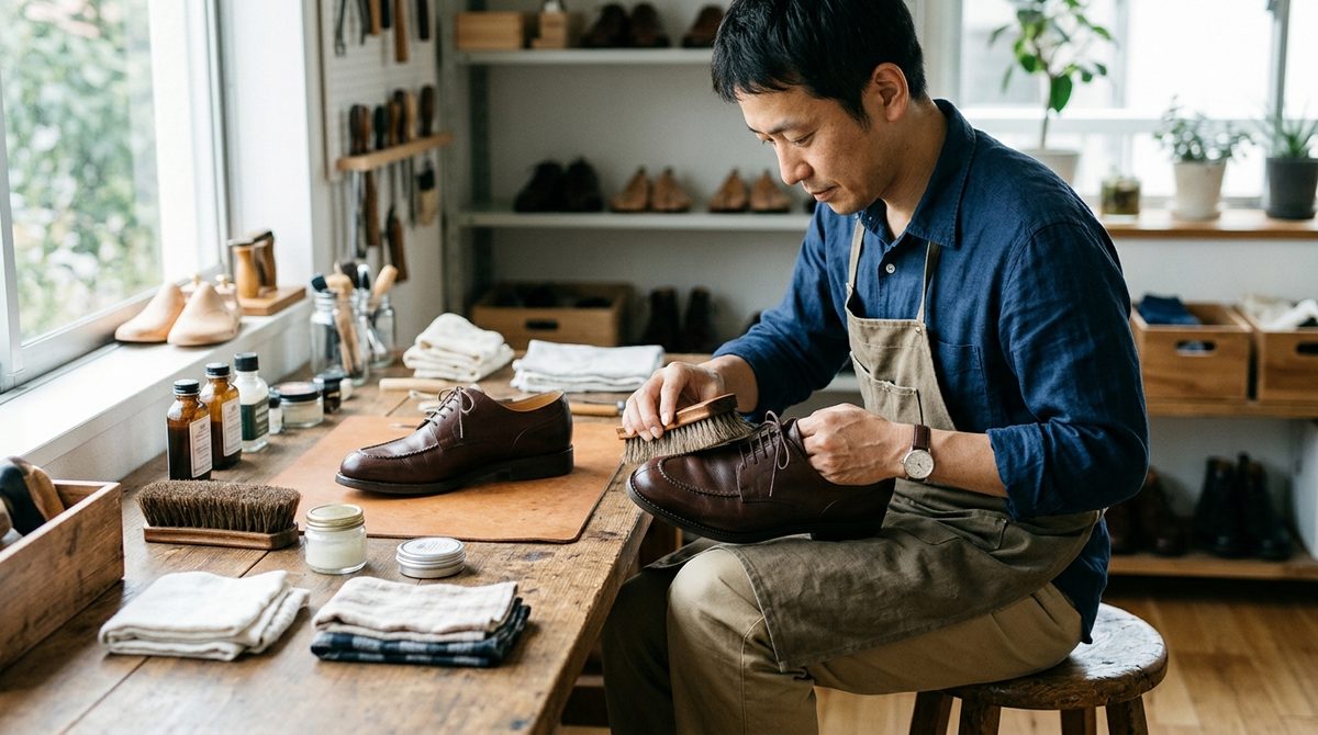 革靴職人が工房で茶色い靴を丁寧に磨く