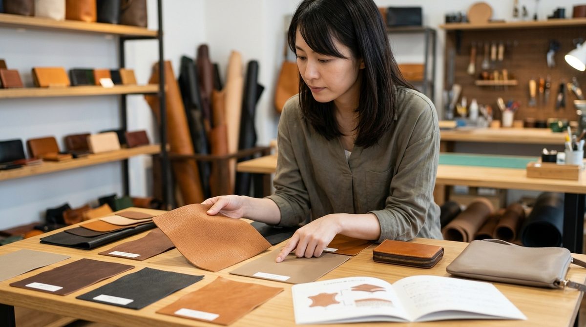 革製品店で女性が多数の革サンプルから色と質感を選ぶ