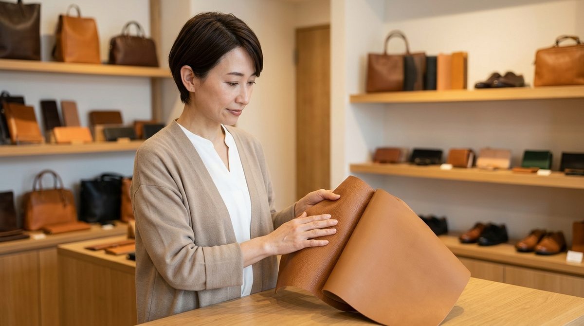 革製品店で女性が複数の革生地の感触を確かめる