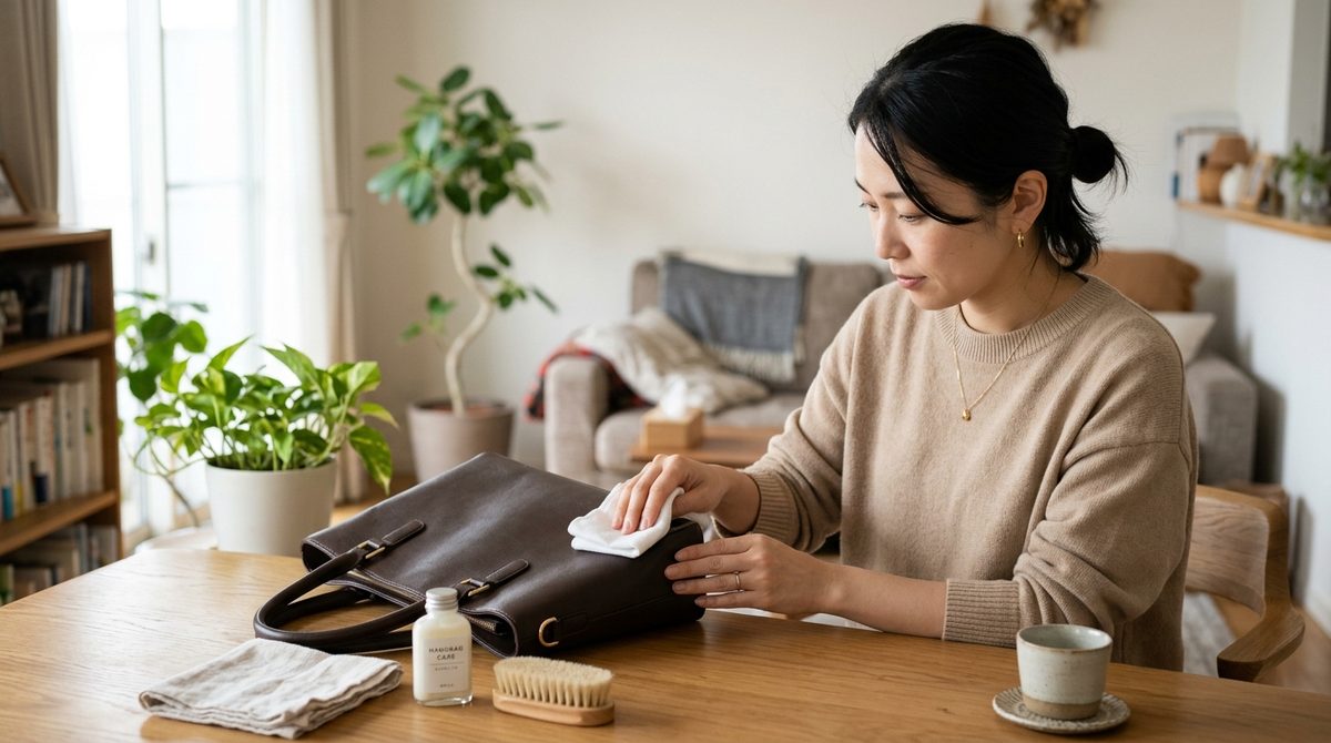 女性が自宅で革のハンドバッグを手入れしている