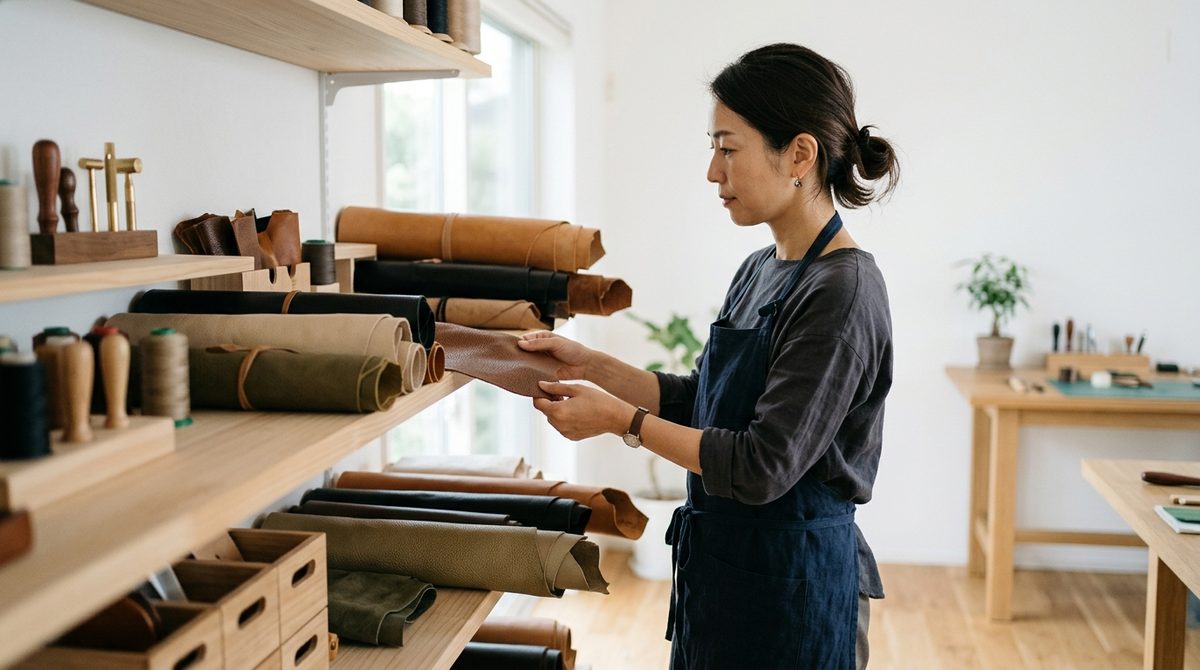 店舗や作業場で、どの革にするか真剣に選んでいる様子。読者の迷いに寄り添う。