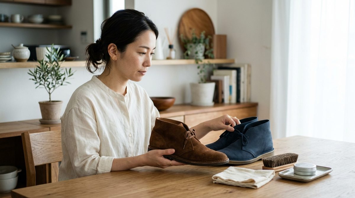 テーブルで茶色と紺色のブーツをブラシで手入れする女性