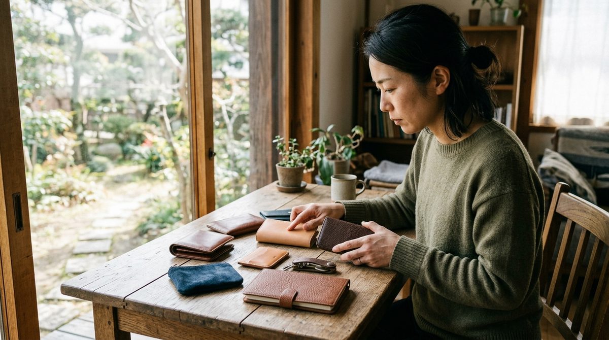 女性が複数の革財布・革小物を見比べている自然な生活シーン。革の種類、質感、色味の違いを比較・判断するH2に向く。