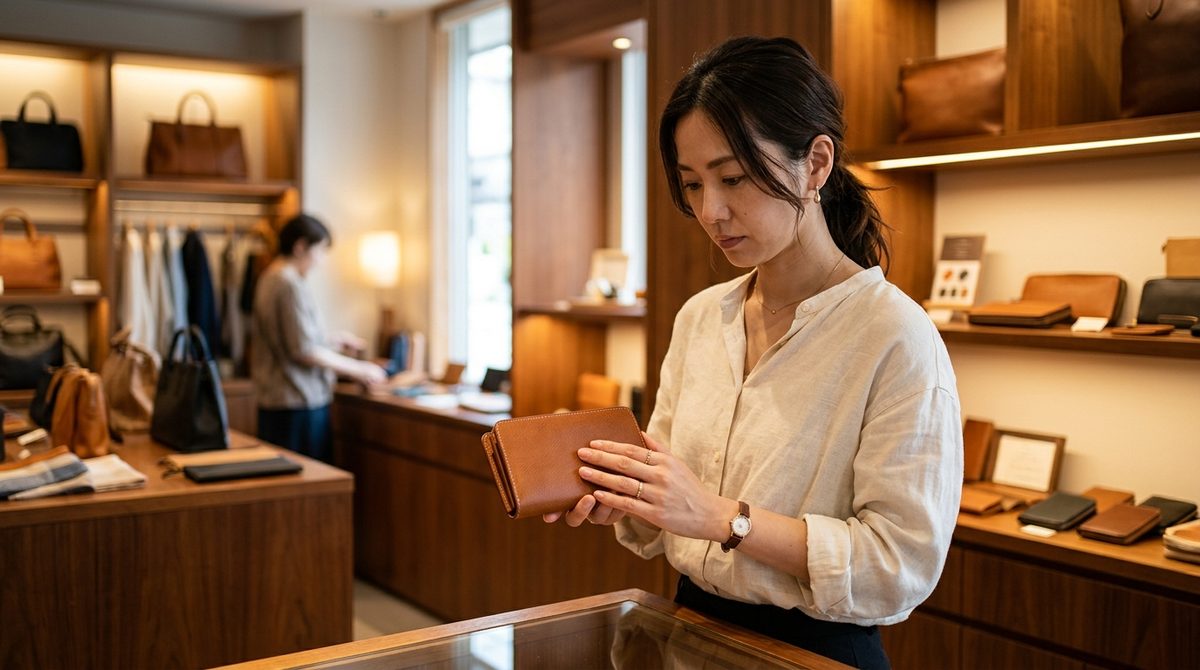 革製品店で茶色の財布を手に取り、吟味する女性