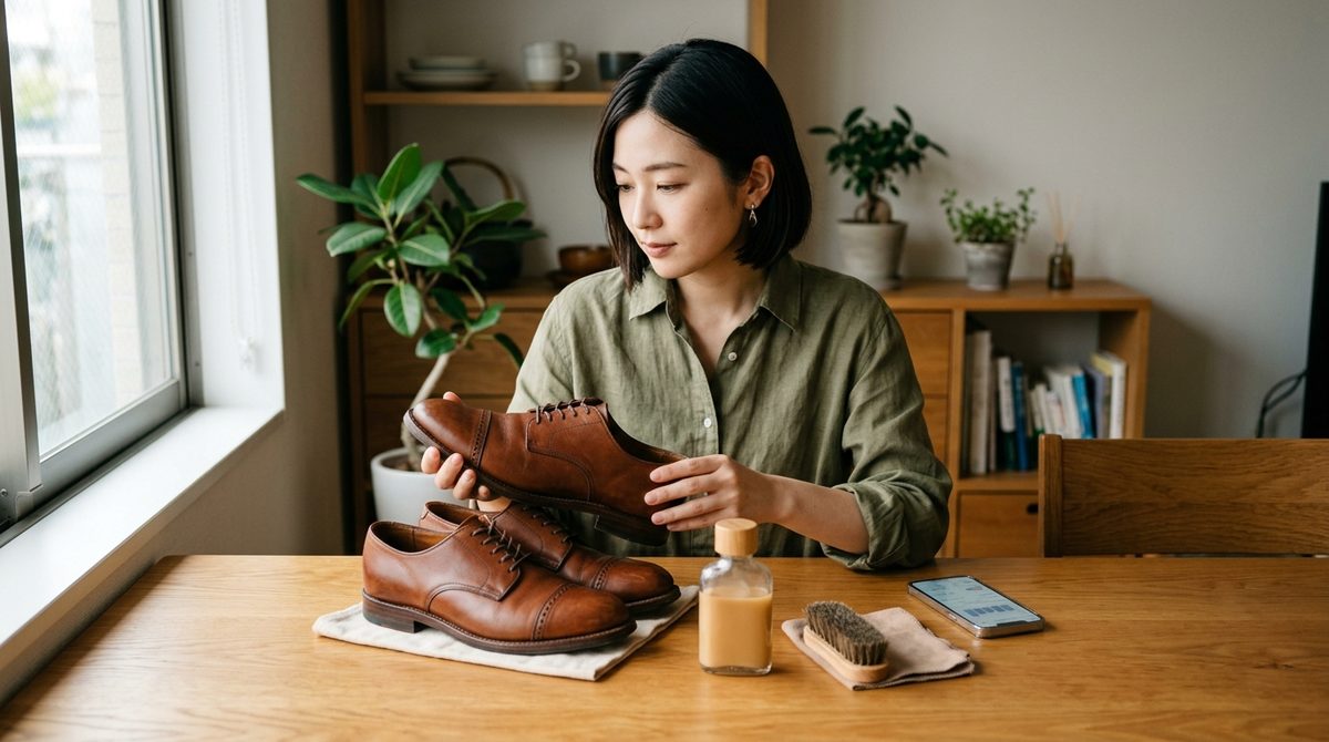 女性がテーブルでブラウンの革靴を手に持ち、手入れ用品を並べる